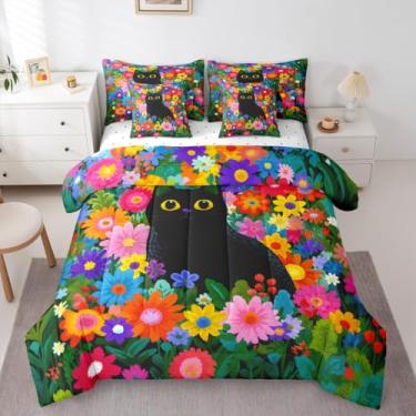 Imagem de Erosebridal Jogo de cama King floral colorido com 7 peças de flores de gato preto em um saco, aquarela, elegante, para adolescentes, adolescentes, retrô, margarida, estética, conjunto de cama