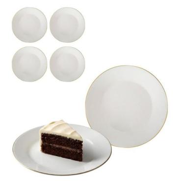 Imagem de Kit 4 Prato Redondo Sobremesa Opaline Branco Borda Dourada - Haüskraft