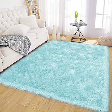 Imagem de Latepis Tapete de pele sintética azul claro 12 x 20 Alfombras para salas lavável pele de carneiro felpudo para sala de estar quarto tapetes de pelúcia macios decoração de casa retangular