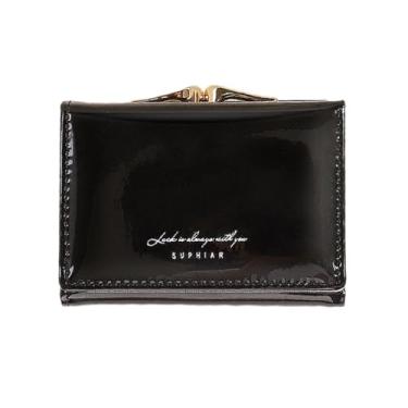 Imagem de Porta-cartão PU gravado a laser para mulheres jovens elegante carteira compacta tripla, Preto, Carteira feminina