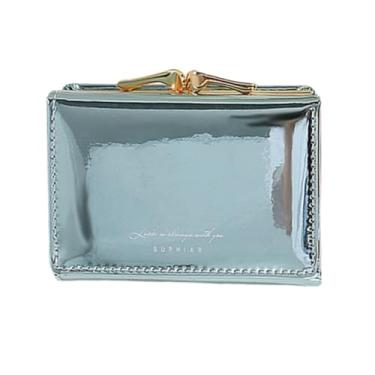 Imagem de Porta-cartão PU gravado a laser para mulheres jovens elegante carteira compacta tripla, Azul, Carteira feminina