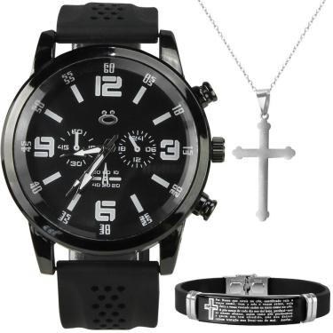 Imagem de Relogio Masculino Aço Preto + Colar Crucifixo + Pulseira Prata Pesado Robusto Ajustavel Social