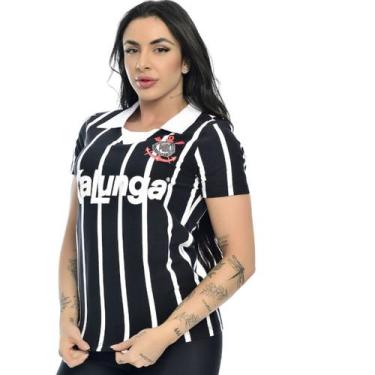 Imagem de Camisa Polo Retrô Corinthians Kalunga Feminina Preto, Preto, G
