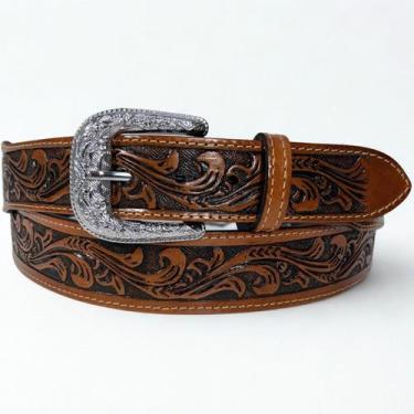 Imagem de Cinto De Couro Masculino Largo Bordado Caramelo Dawson, Marrom, 80