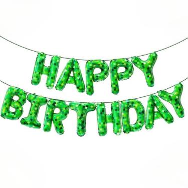 Imagem de Faixa de Balões Aijoso TNT Pixel Feliz Aniversário Verde