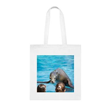 Imagem de Sacola de vedação para cães marinhos brincando com crianças, presente divertido, bolsa de ombro, bolsas reutilizáveis, ideia de presente de cesta de Natal de aniversário, Branco