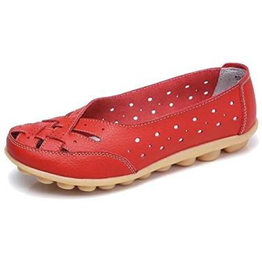 Imagem de Fangsto sapato feminino de couro bovino sapato mocassim sem salto sandálias sem cadarço, Vermelho, 7.5