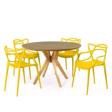Imagem de Conjunto Mesa de Jantar Redonda Marci Premium Natural 120cm com 4 Cadeiras Allegra - Amarelo