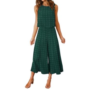 Imagem de ROYLAMP Conjunto feminino de 2 peças de verão com gola redonda e calça de perna larga cropped básica, V: Ponto suíço verde, Small