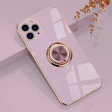 Imagem de Yepda Capa para iPhone 11 Pro Ring Holder Case com diamante brilhante borda de ouro rosa suporte magnético de rotação 360 para mulheres e meninas, capa protetora fina de TPU macio 5,8 polegadas, roxo