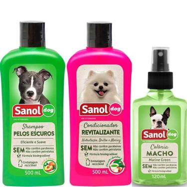 Imagem de Kit banho Cachorro: Shampoo Pelos Escuros, Condicionador Revitalizante e Perfume colônia cães Machos Sanol