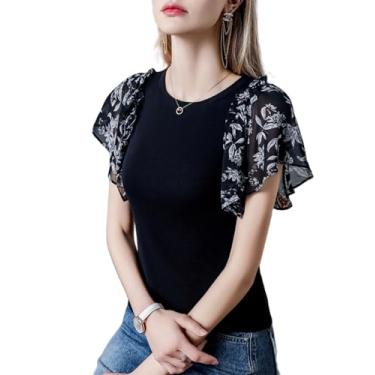 Imagem de Yueary Camiseta feminina gola redonda manga curta estampa floral patchwork túnica blusa slim fit casual básica camiseta moderna, Preto, M