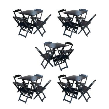 Imagem de Kit 5 Jogos de Mesa Dobravel com 4 Cadeiras de Madeira 70x70 para Restaurante e Bar - Preto