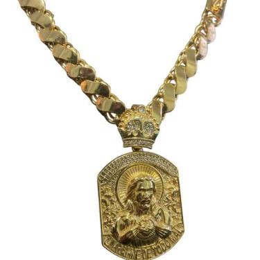 Imagem de Cordão Friso S 13Mm + Pingente Jesus Face - Banhado A Ouro - Tojoia18K