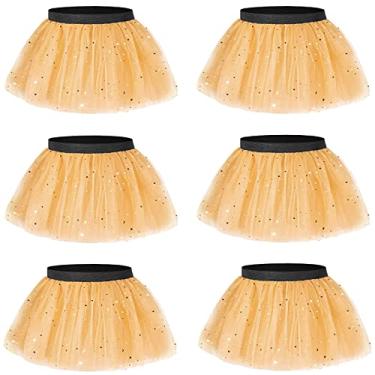 Imagem de Ibeauti Pacote com 6 saias tutu femininas de tule com 3 camadas elásticas e fofas tutus dos anos 80, fantasia de Halloween, 6 estrelas douradas, M