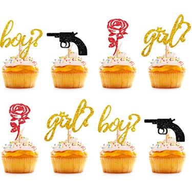 Imagem de Toppers de cupcake para meninos ou meninas, palhetas de cupcake de chá de bebê com glitter vermelho e preto, rosa ou armas/ele ou ela decorações de bolo para revelação de gênero/festa de primeiro