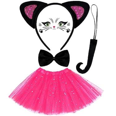 Imagem de Newcotte Conjunto de 5 peças de fantasia de gato preto, orelhas de gato, gravata borboleta com lantejoulas, tutu e adesivo de rosto de gato para vestido adulto de Halloween (crianças, preto, rosa)