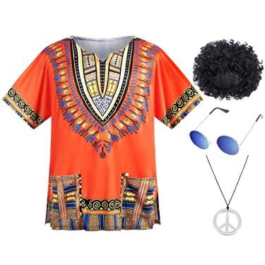 Imagem de Conjunto de 4 peças para fantasia hippie masculina dos anos 60 e 70, acessórios de peruca afro para festa e cosplay, Laranja, 3G