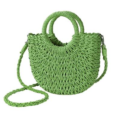 Imagem de Bolsa feminina de palha para praia de tecido transversal, bolsa de mão com alça superior para o verão, Verde, One Size