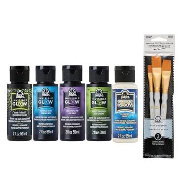 Imagem de FolkArt Kit de tinta acrílica que brilha no escuro, conjunto de 8 peças, incluindo 3 pincéis planos premium