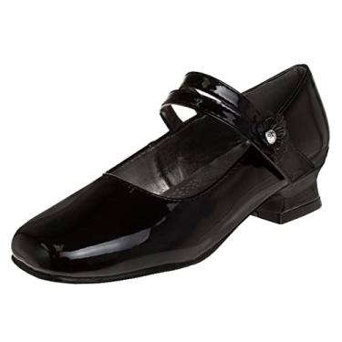 Imagem de Josmo Vestido feminino Mary Jane festa de casamento salto bailarina sapatos de flor, fivela de gancho e laço (criança pequena, Preto brilhante, 15