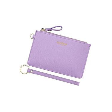 Imagem de Carteira feminina fina com porta-cartão RFID e fecho de pulso com zíper, carteira pequena de couro com chaveiro, Moderno, Lilás, Small