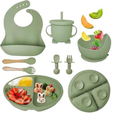 Imagem de Kit Alimentação Bebê 8 Peças, Prato Suporte com Ventosa, Colher e Garfo, Babador, Copo com Alça, sortidos para menina menino.