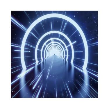 Imagem de DORCEV 2,4 x 2,4 m Futurista Sci-Fi Tema Fundo Curvas Brilhantes Estação Espacial Túneis Espaciais Fotografia Fundo Azul Neon Escuridão Nave Espacial Neon Brilho Túnel Subterrâneo Corredor Banner de