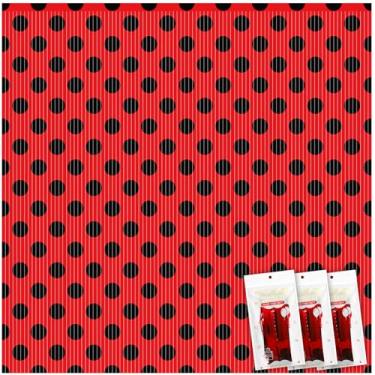 Imagem de Tingjoo 3 peças de cortinas de franja de folha de joaninha preta e vermelha cortina de estanho com franja tema joaninha suprimentos de festa de bolinhas pano de fundo para chá de bebê, decorações de