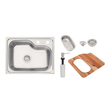 Imagem de Kit Cuba Tramontina Morgana Compact 48 Fx Undermount Em Aço Inox + Válvula Tábua Madeira Cesto Coado Tramontina