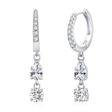 Imagem de Brincos femininos banhados a ouro com pingente de duas pedras - Brincos de argola elegantes de zircônia cúbica com pera e pedras de corte redondo - Presente de joia leve, hipoalergênico e elegante