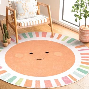 Imagem de FYSUIMU Tapete redondo para quarto de crianças, colorido, boêmio, círculo de sol, antiderrapante, lavável, fofo, tapete de sol para casa, jardim de infância, leitura, sala de jogos, decoração