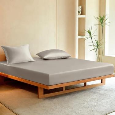 Imagem de THXSILK Jogo de lençol casal de seda, 3 peças, macio, respirável, com 1 lençol com elástico, 2 fronhas com fecho de zíper, refrescante para dormir quente, cinza