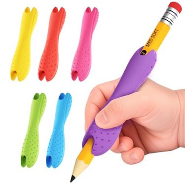 Imagem de Pacote com 6 pegas ergonômicas pequenas para lápis para crianças e crianças, auxílio de escrita de silicone para caligrafia, desenho, textura antiderrapante, design de cabeça dupla para mão direita