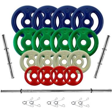 Imagem de Kit Anilhas Emborrachadas 44 Kg + Barras 1,20m(1) - 0,40m(2) + 1 Supor