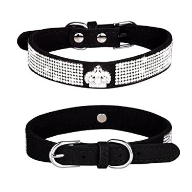 Imagem de Pimaodog Coleira para cachorro com strass, lindo deslumbrante couro de camurça macio ajustável cão gato coleira diamante cristal para filhotes pequenos médios grandes (P: 26 - 32 cm, preto-4)