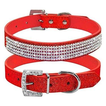Imagem de Coleira de strass para cachorro, linda e cintilante de couro cintilante, coleira de strass com diamante de cristal (M: 27-35 cm, vermelha)