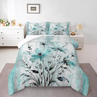 Imagem de Conjunto de cama King ombré, azul turquesa, cinza, branco, pintura a óleo, abstrata, macia, para meninas, adultos, aquarela, floral, edredom country, tema de madeira, decoração de quarto