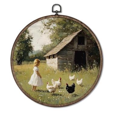 Imagem de Giosve Pôster emoldurado em tela redonda de casa de fazenda rústica, retrô country fazenda alimentando galinhas penduradas esculturas de parede para decoração de casa, quarto, sala de estar, 25 x 25