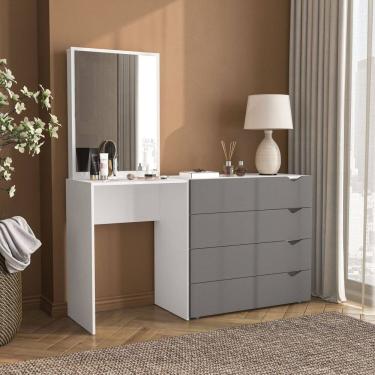 Imagem de Cômoda Penteadeira 4 Gavetas com Espelho Porto Cinza/Branco