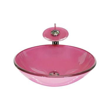 Imagem de Cuba De Vidro Redonda 35Cm Rosa + Valvula + Torneira Cascata