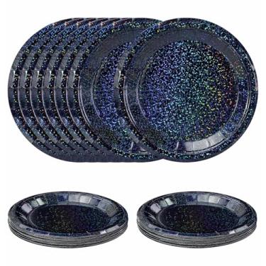 Imagem de SietDESEO 50 peças de pratos de papel preto iridescente, pratos de sobremesa, pratos holográficos, preto, descartável, para festa de aniversário, jantar, casamento, chá de bebê, prato de bolo com