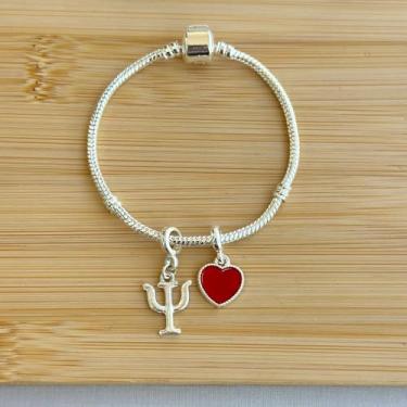 Imagem de Pulseira profissão com 2 berloques: símbolo psicologia + coração vermelho - banhados a prata