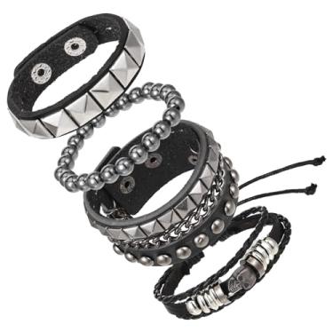 Imagem de YBEATY 4 peças de pulseiras punk rock cravejadas emo retrô conjunto de pulseiras rebites de couro com rebites ajustáveis acessórios de pulseira dos anos 80 para homens e mulheres festa de Halloween