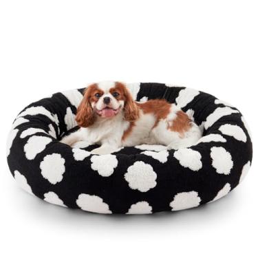 Imagem de JOEJOY Camas de donut para gatos internos, cama redonda calmante para cães pequenos com capa lavável removível, cama ortopédica fofa para filhotes de cachorro com pelúcia jacquard felpuda e parte