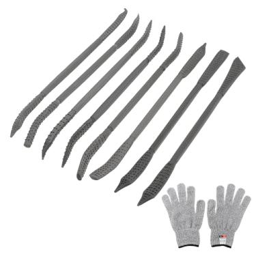 Imagem de Omninmo 8 limas de madeira e limas com luvas resistentes ao corte, kit de entalhe em madeira, conjunto de goma de riffler de extremidade dupla, conjunto de arquivos de formato especial para marcenaria