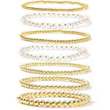 Imagem de SHINUS BOHO Conjunto de pulseiras femininas com contas folheadas a ouro 14 K, empilháveis, modernas, à prova d'água, acessórios modernos, joias, presentes, 7.0, Latão, Sem Pedra Preciosa