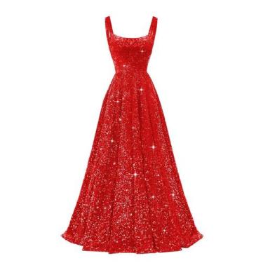 Imagem de Vestido de formatura Miao Duo Sparkly Sequin A Line vermelho com bolso