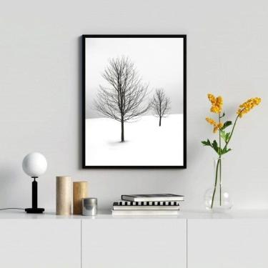 Imagem de Quadro Decorativo Árvores na Neve 24x18cm - Vidro e Moldura Branca