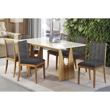Imagem de Conjunto Sala de Jantar Mila Premium Madeira Maciça c/ Tampo Madeirado c/ Vidro 180x90cm e 6 Cadeiras Lara Carvalho/Off White - Boucle Grafite-Kappesb